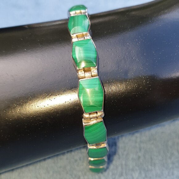 Beautiful Vintage Taxco Mexico 950 Solid Silver Natural Malachite Link Bracelet - Picture 3 of 12